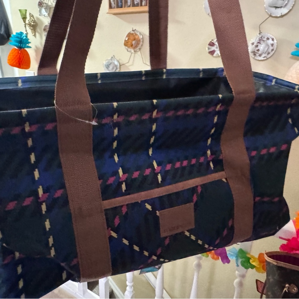 Maurices Navy Multicolor Plaid Utility Tote with Brown Straps - Picture 3 of 3